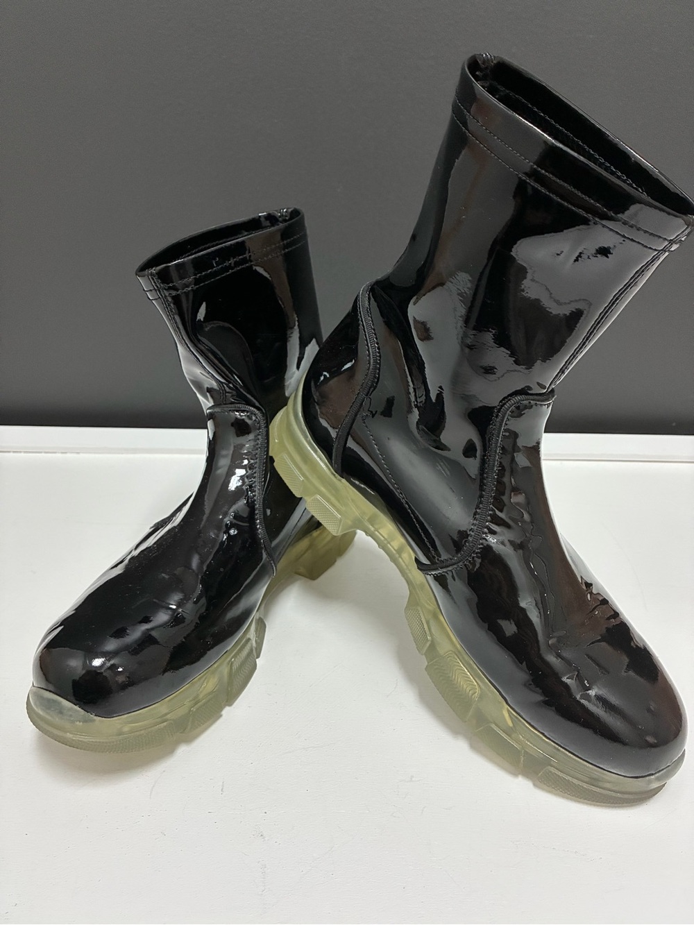 Aquatalia Black Patent Mid-Calf Women's Boots with Translucent Sole